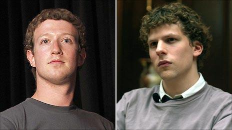 Mark Zuckerberg and Jesse Eisenberg playing him (AP and Sony Pictures)