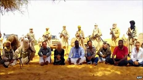 Screen grab from video showing seven hostages being held by al-Qaeda in the Islamic Maghreb (30 September 2010)