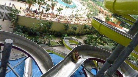 A water slide inside Tropical Islands