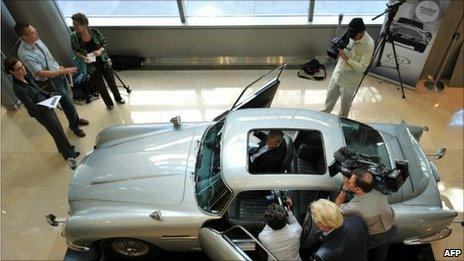 The Aston Martin DB5 driven by actor Sean Connery as James Bond (007) in the Goldfinger and Thunderball movies