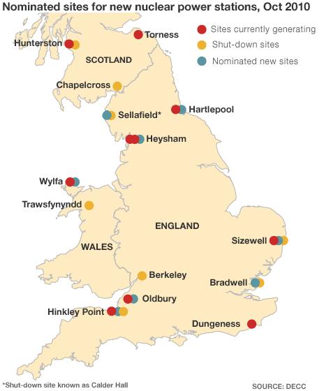 Map showing possible nuclear power stations