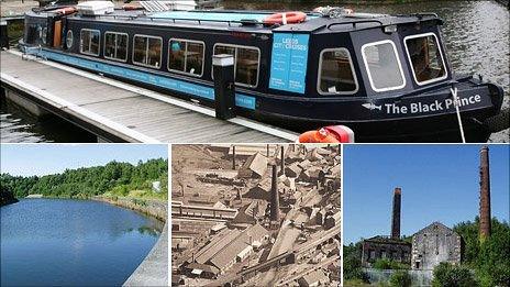 Clockwise - The boat the trust is buying, the old Engine House on the River Tawe, post war aerial photo of Hafod and the River Tawe