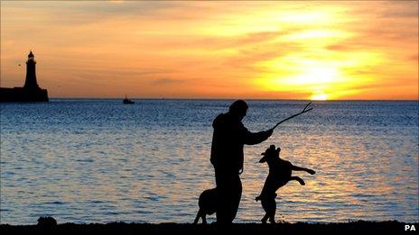 man walking dog at sunrise