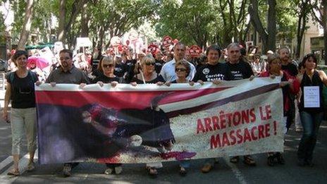 Anti-bullfight campaigners march in Nimes, France