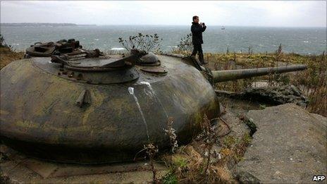 Russian President Dmitry Medvedev visits Soviet-era fortifications on the Kuril Islands, 1 November