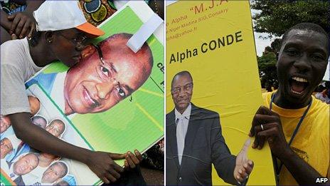 Left: A supporter of Cellou Dalein Diallo holds a campaign poster on 21 October during a presidential campaign meeting in Conakry. Right: A supporter holds Alpha Conde poster outside his headquarters in Conakry on 22 October.