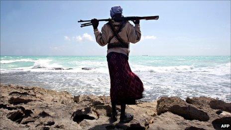 Armed Somali pirate along the Hobyo coastline in north-eastern Somalia [File photo: 7 January 2010]