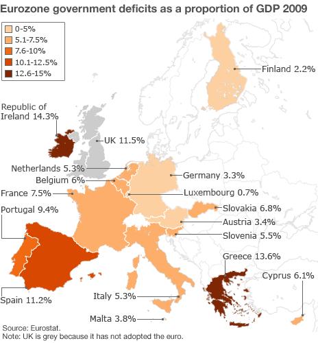 Map showing eurozone government deficits