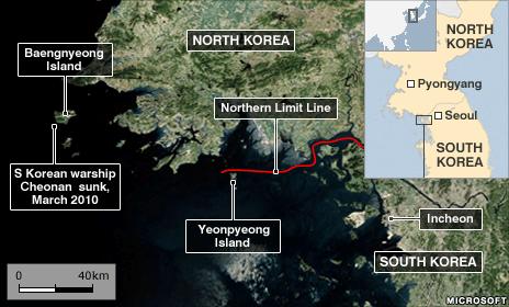 Map showing Yeonpyeong and the disputed border between North and South Korea