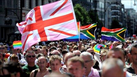 A gay pride march in London 2008