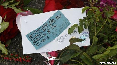 Flowers and tributes at the Grey District Council in Greymouth, 25 November 2010