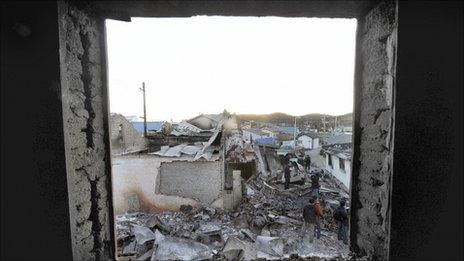 Houses destroyed by North Korean artillery shelling on Yeonpyeong island on 25 November 2010