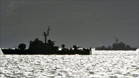 South Korean navy vessels patrol near Yeonpyeong island, 25 November 2010