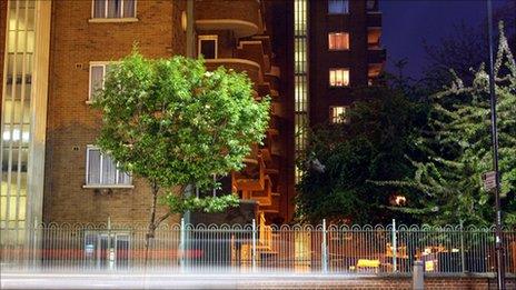 Arty picture of trees outside urban buildings