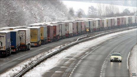 Lorries on the M20 near Ashford, Kent