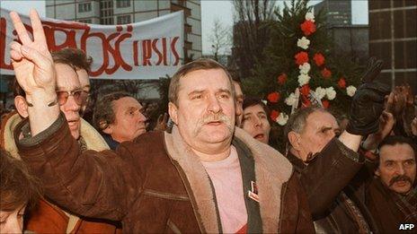 Lech Walesa flashes a V-sign as he and other shipyard workers demonstrate in 1988, commemorating the 18th anniversary of the workers riots.