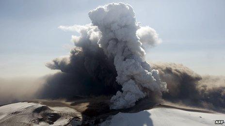 Aerial view shows the Eyjafjallajokull volcano billowing smoke and ash during an eruption on April 17 2010. Photo Hallador Kolbeins/AFP/Getty Images.