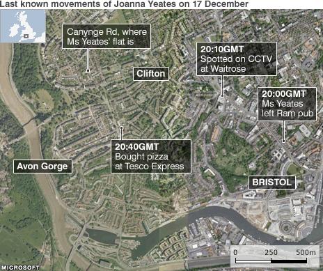 Map showing Joanna Yeates' last known movements