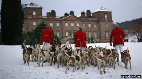 The hounds and members of the Albrighton Woodland Hunt gather before the start of their Boxing Day at Hagley Hall, near Bromsgrove