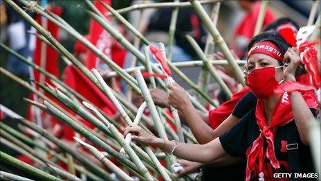 Red-shirt protesters at their barricade in Bangkok on 19 April 2010