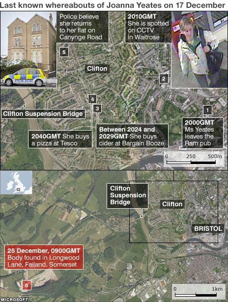 Map showing Jo Yeates' last known movements