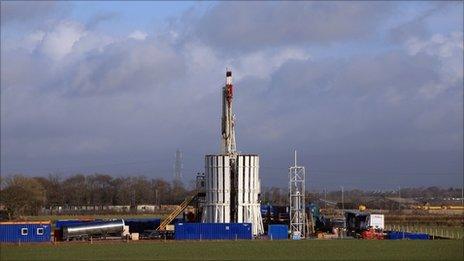 The drilling rig of Cuadrilla Resources explores the Bowland shale for gas, four miles from Blackpool on January 17, 2011 in Blackpool, England.