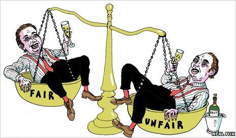 Bankers on scales of justice, illustration by Neal Fox