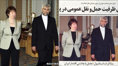 Original photo of Lady Ashton with Iran's Saeed Jalili (left) and altered photo that appeared in Iranian press