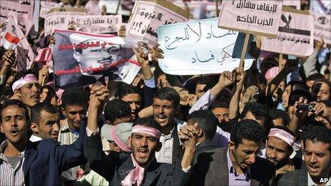 Demonstrators in Sanaa, Yemen, 27 January 2010