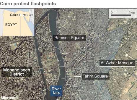 Map of Cairo protests (28 January 2011)