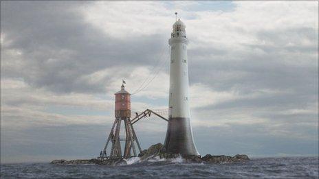 Computer-generated image of the construction of the Bell Rock Lighthouse