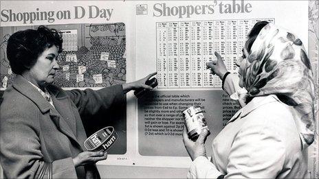 Shoppers look at a conversion table