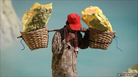 Miner with baskets of sulphur