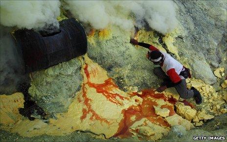 Sulphur mining in the volcano crater