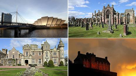 Clockwise from top left; Glasgow's Armadillo, Melrose Abbey, Abbotsford and Edinburgh Castle