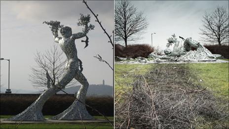 Striding man as it was and after crash