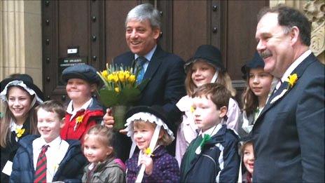 The Commons Speaker John Bercow receives daffodils from the London Welsh School