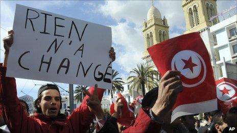 Protesters in Tunis hold a banner in French which reads: Nothing has changed. Photo: February 2011