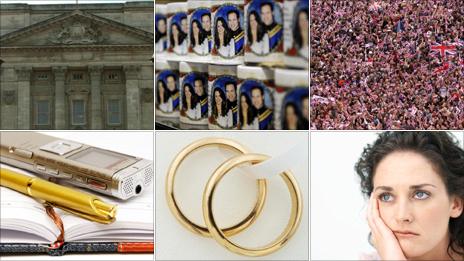 Buckingham Palace; royal wedding mugs; crowd waving union flags; bored woman; rings; notebook, pen and dictaphone