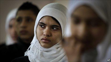 Schoolchildren in class, during a government-organised trip for foreign media to the Zaharet al-Fateh middle school, Tripoli, Libya, 10 March 2011