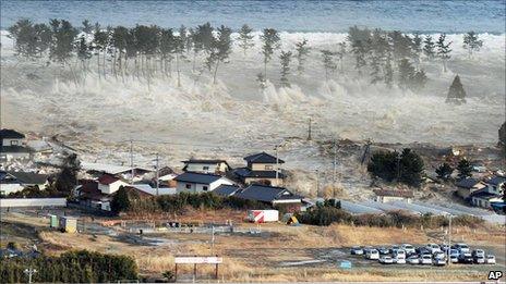 Tsunami hits Natori, Miyagi prefecture, on 11 March 2011