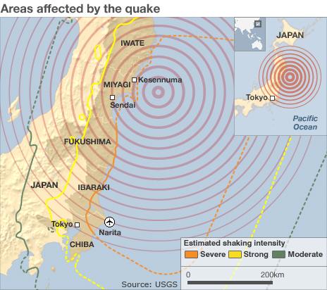 map areas affected by the quake