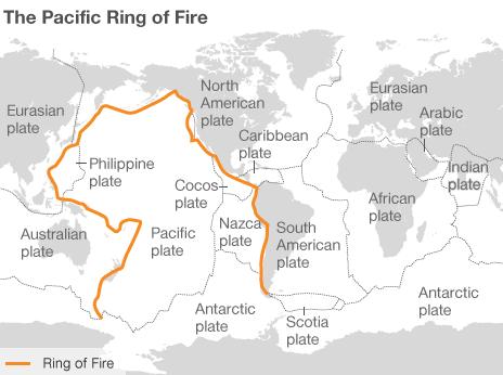 Map shows ring of fire and tectonic plates