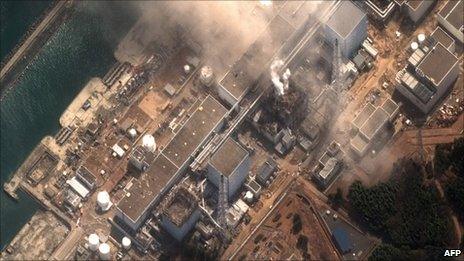 DigitalGlobe satellite photograph shows the earthquake and tsunami-damaged Fukushima Daiichi nuclear plant on 14 March 2011