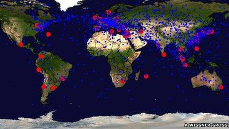 Map showing relation between exchanges and trading locations