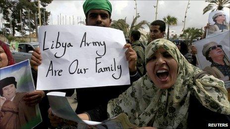 Residents of Tripoli demonstrating in support of Col Muammar Gaddafi - 31 March 2011