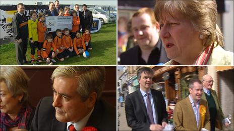 clockwise from top left Alex Salmond and football team, Annabel Goldie, Iain Gray, Michael Moore, Jeremy Purvis and Menzies Campbell