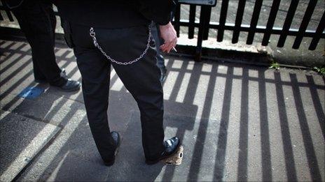 Prison officers stand outside Birmingham Prison, March 2011