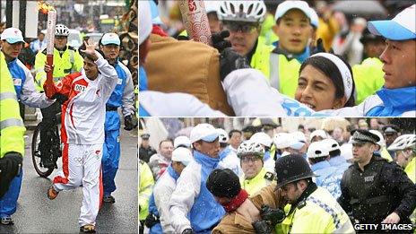 The Beijing 2008 torch is attacked while Konnie Huq carries it in London