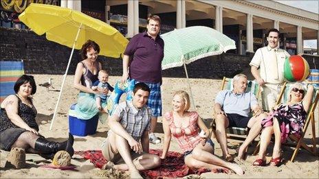 The cast of BBC comedy Gavin and Stacey on the beach at Barry Island